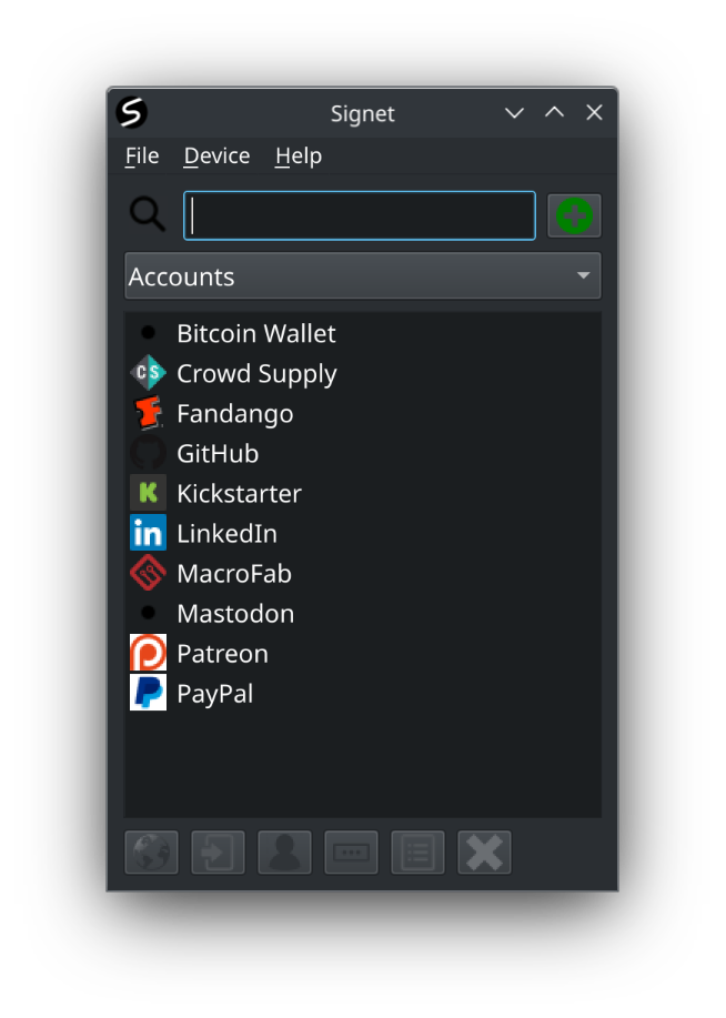 The Signet application is unlocked and shows a list of accounts that the user can choose to log into using the Signet hardware